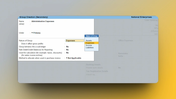 Create a Ledger under Primary Groups in Tally